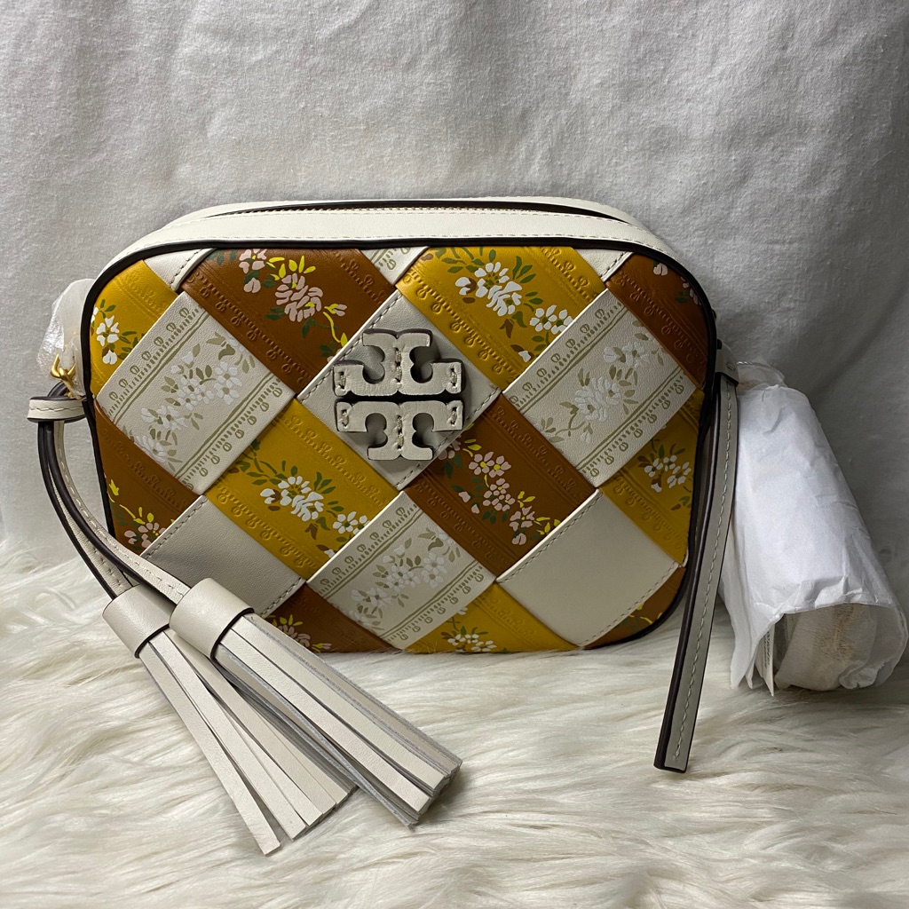Tory Burch Cream, Mustard & Brown Woven Floral Leather Crossbody